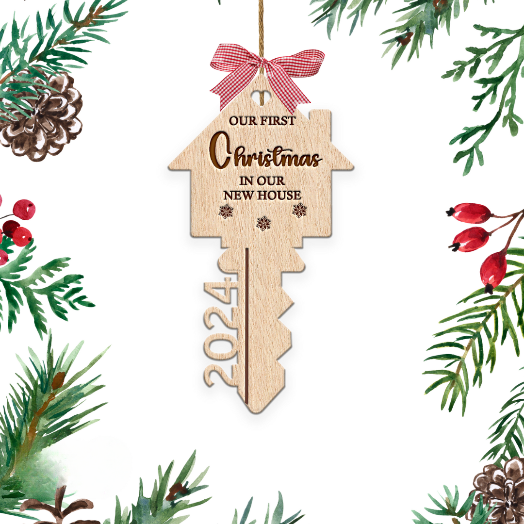 Hardly Laser™ Custom First Christmas in Our New Home Ornament – Personalized Wooden Key Keepsake