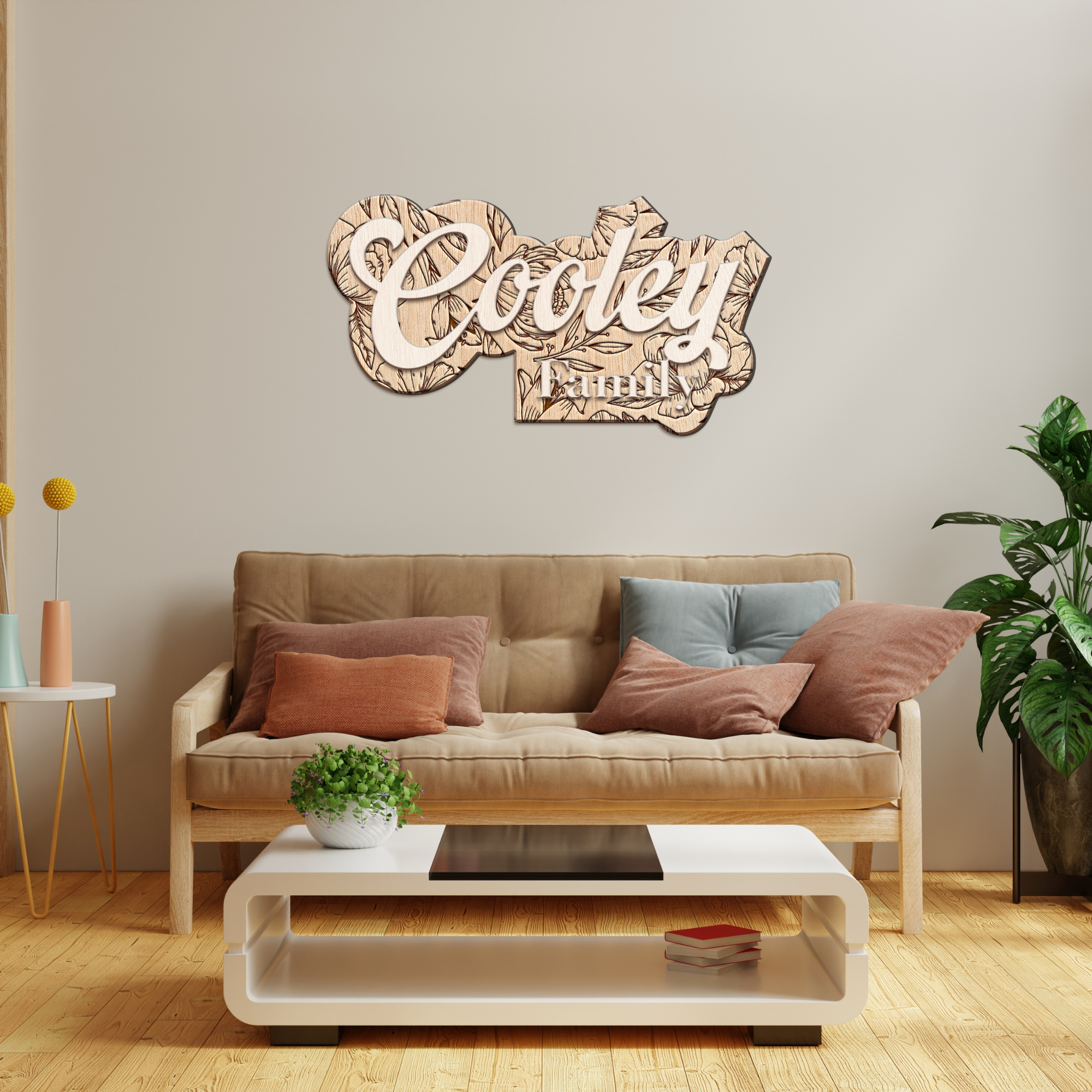 Hardly Laser™ Custom Family Last Name Sign – Personalized Wooden Floral Engraved Wedding & Housewarming Décor