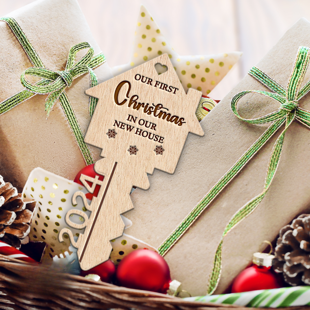 Hardly Laser™ Custom First Christmas in Our New Home Ornament – Personalized Wooden Key Keepsake