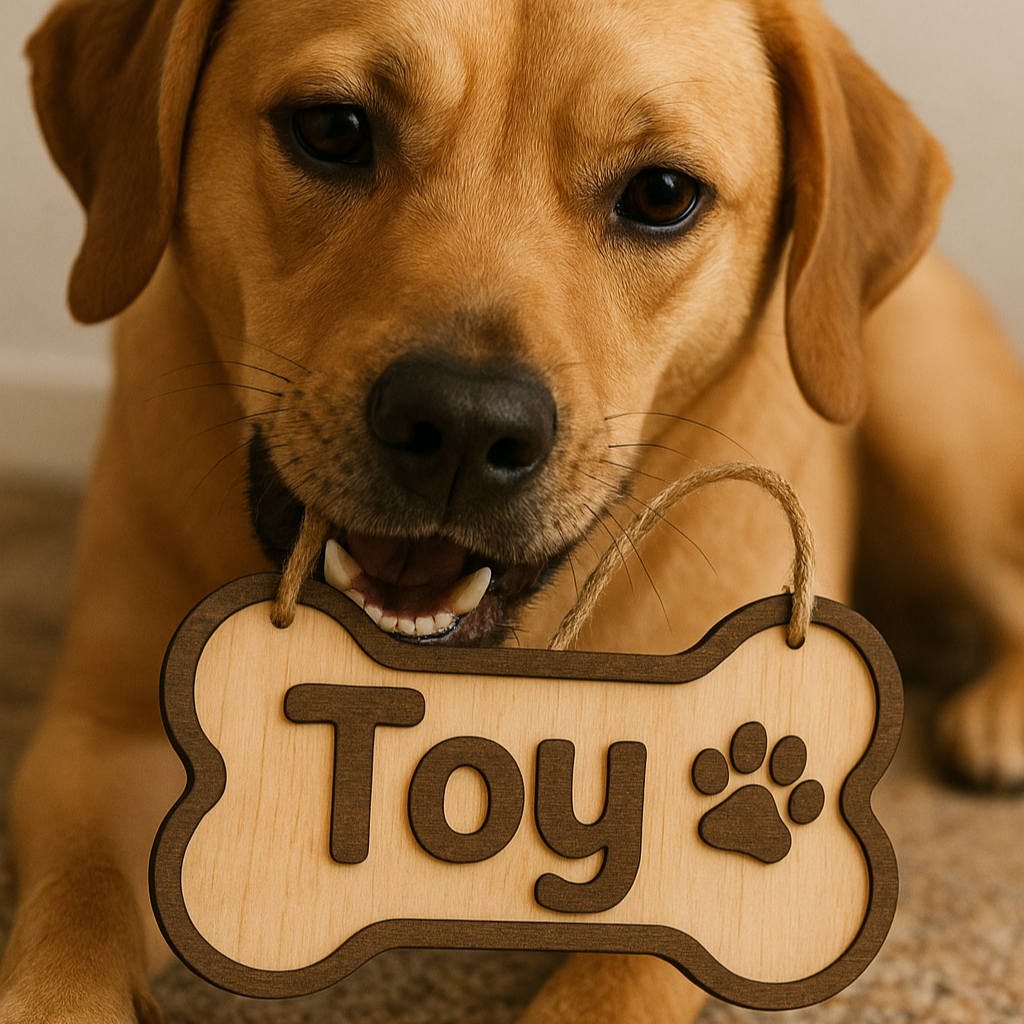 Hardly Laser™ Personalized Dog Name Sign – Laser Engraved Wooden Bone Tag for Kennels & Toy Bins