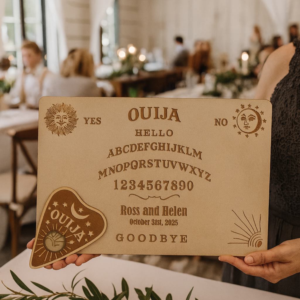 Hardly Laser™ Personalized Gothic Wedding Guest Book – Ouija Board Inspired Wooden Guest Sign for Alternative, Halloween & Fall Weddings