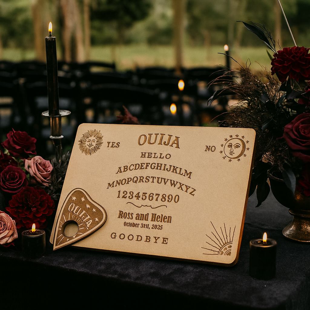 Hardly Laser™ Personalized Gothic Wedding Guest Book – Ouija Board Inspired Wooden Guest Sign for Alternative, Halloween & Fall Weddings