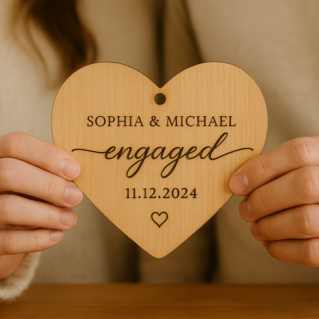 Hardly Laser™ Custom Engaged Ornament – Personalized Wooden Heart with Names & Date, Perfect Engagement & Wedding Keepsake