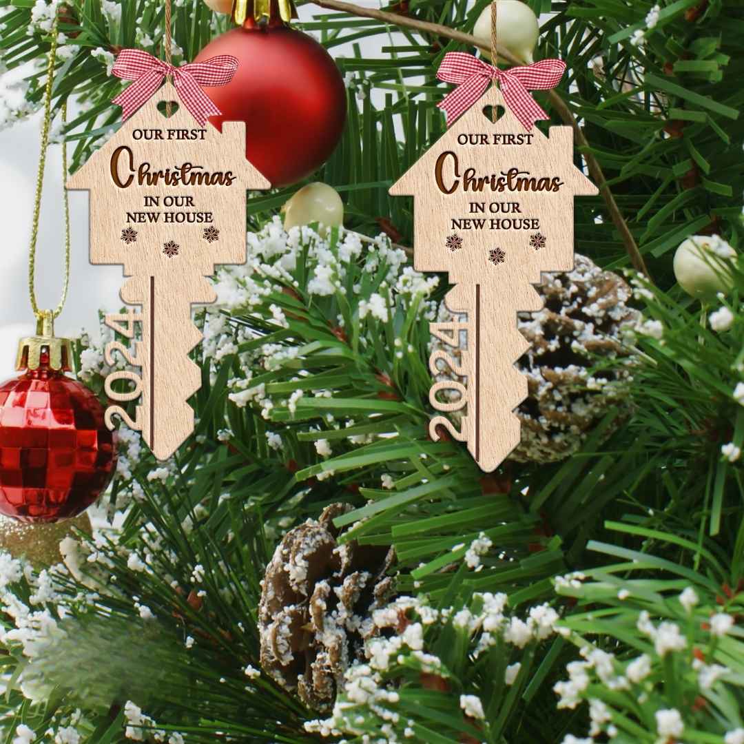 Hardly Laser™ Custom First Christmas in Our New Home Ornament – Personalized Wooden Key Keepsake
