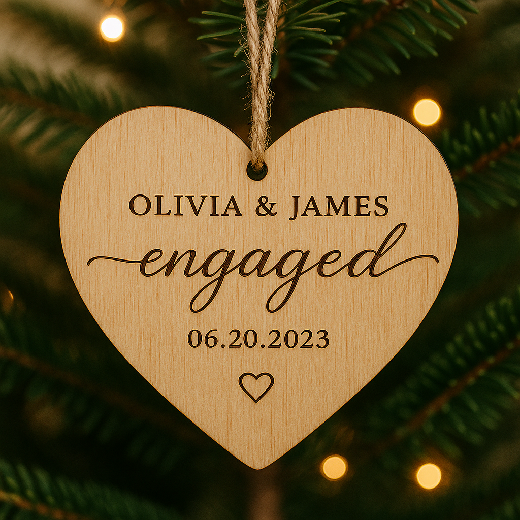 Hardly Laser™ Custom Engaged Ornament – Personalized Wooden Heart with Names & Date, Perfect Engagement & Wedding Keepsake