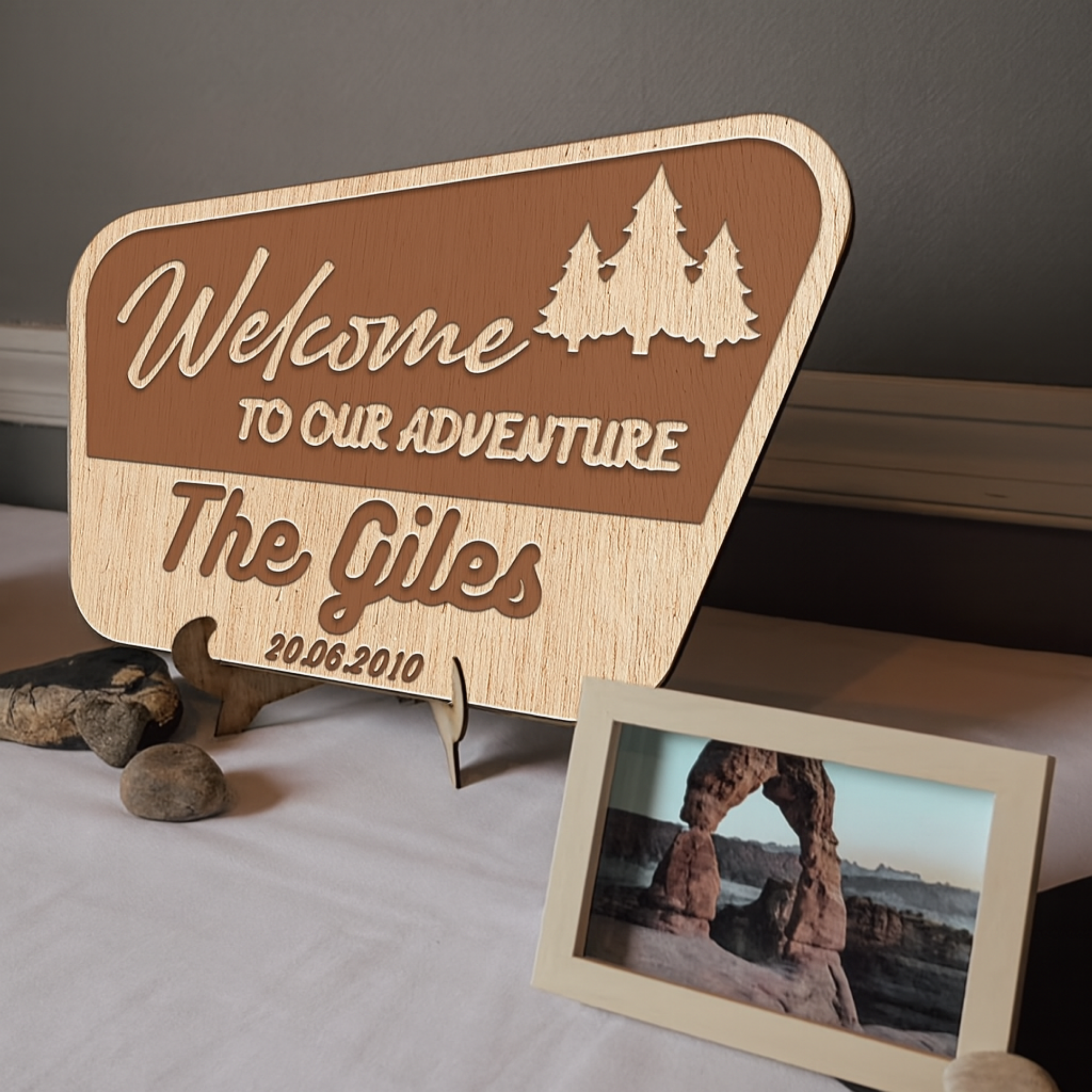 Hardly Laser™ Personalized Family Adventure Sign – Custom Laser Engraved Wooden National Park Style RV & Cabin Decor